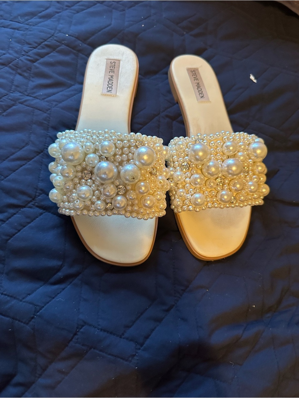 Steve Madden Pearl-Embellished Ivory Slide Sandals